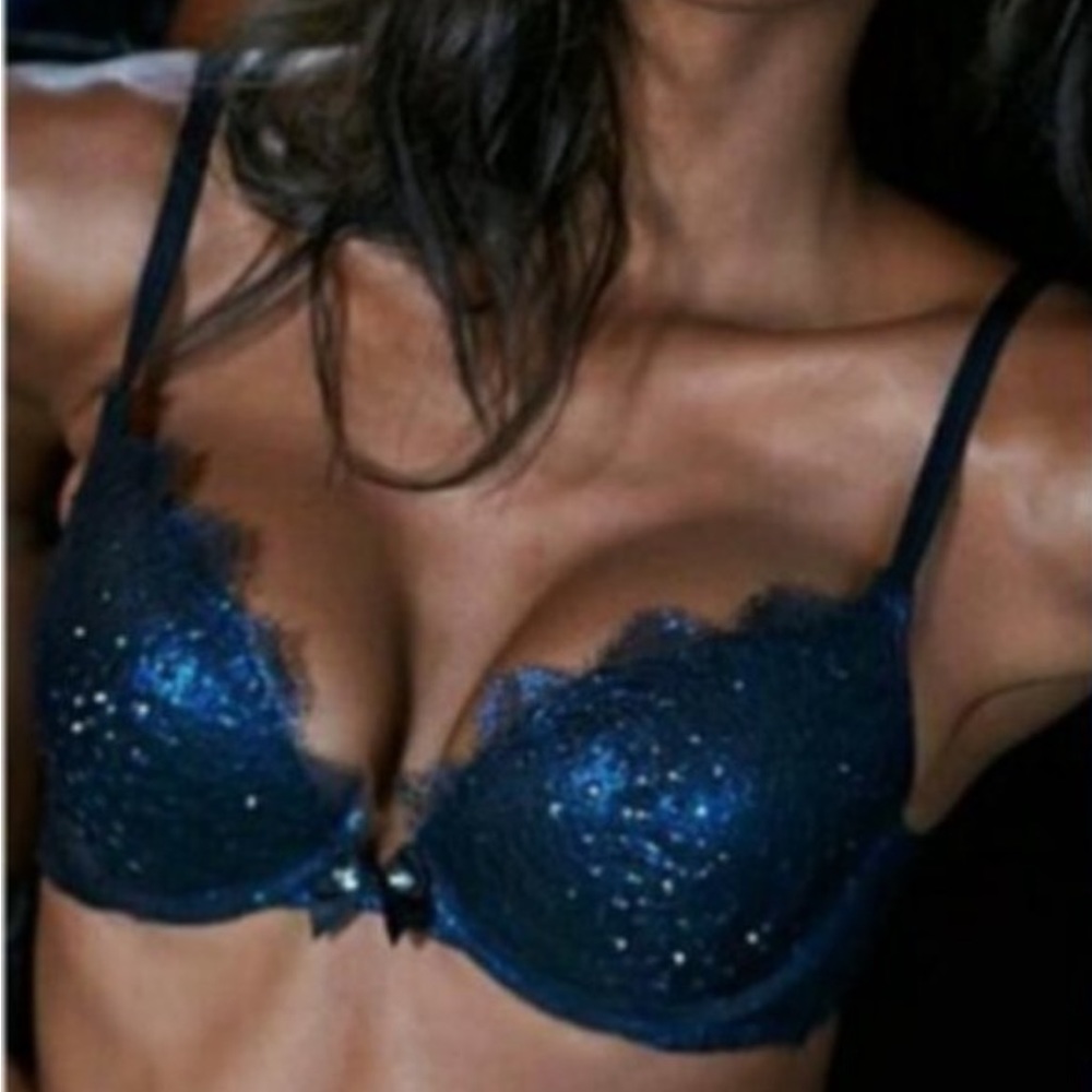 Rare VS Blue Foil Lace Crystal Fashion Show Bra 32B Swarovski